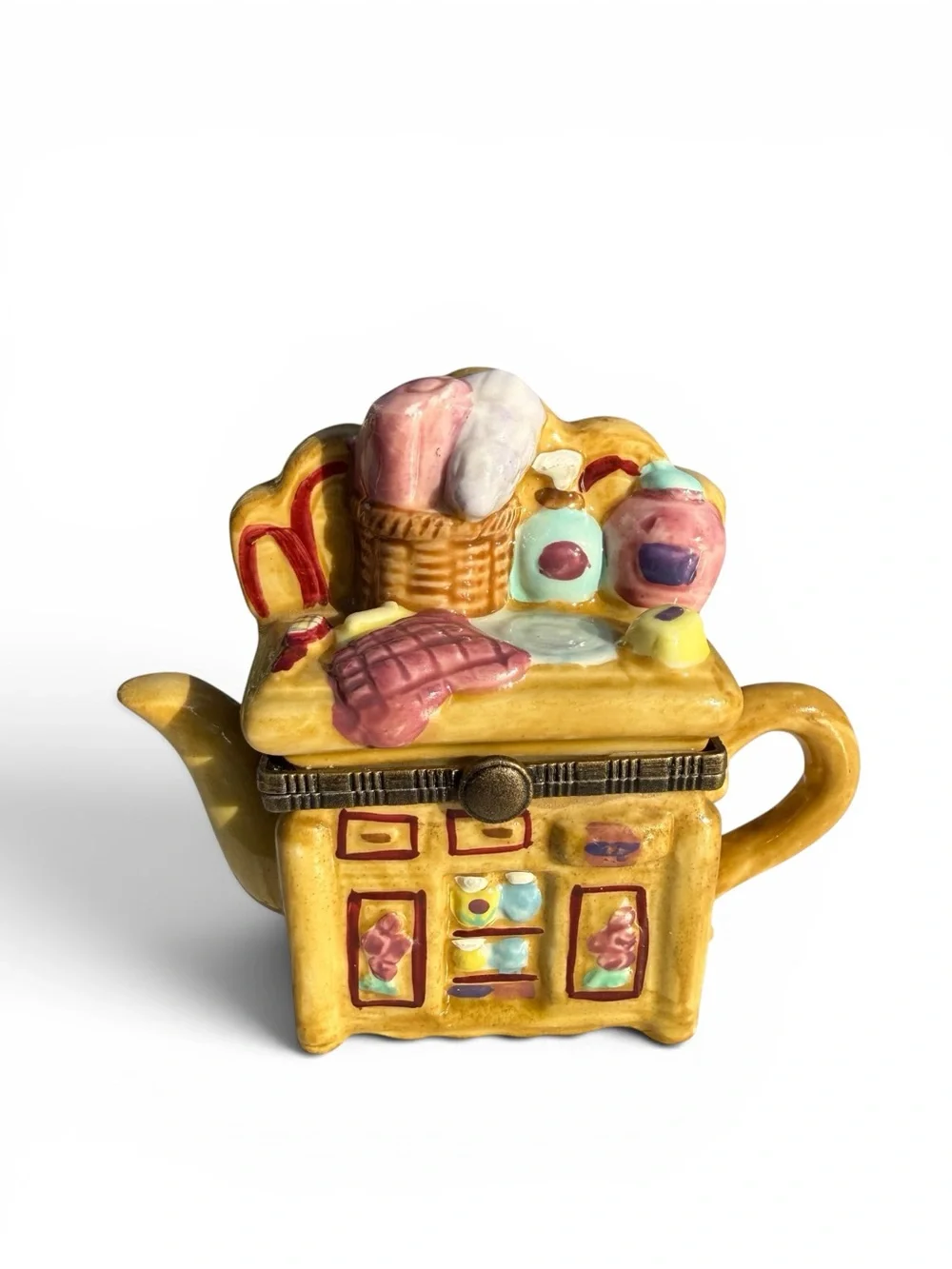 Vintage Laundry Room Teapot Trinket Box Ceramic Hinged Jewelry Box Whimsical 3”